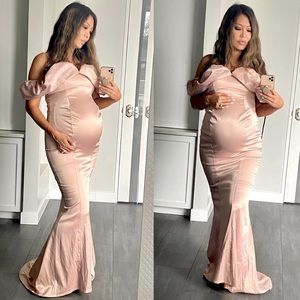 CLUB L BLUSH PINK MATERNITY RUFFLE SATIN GOWN